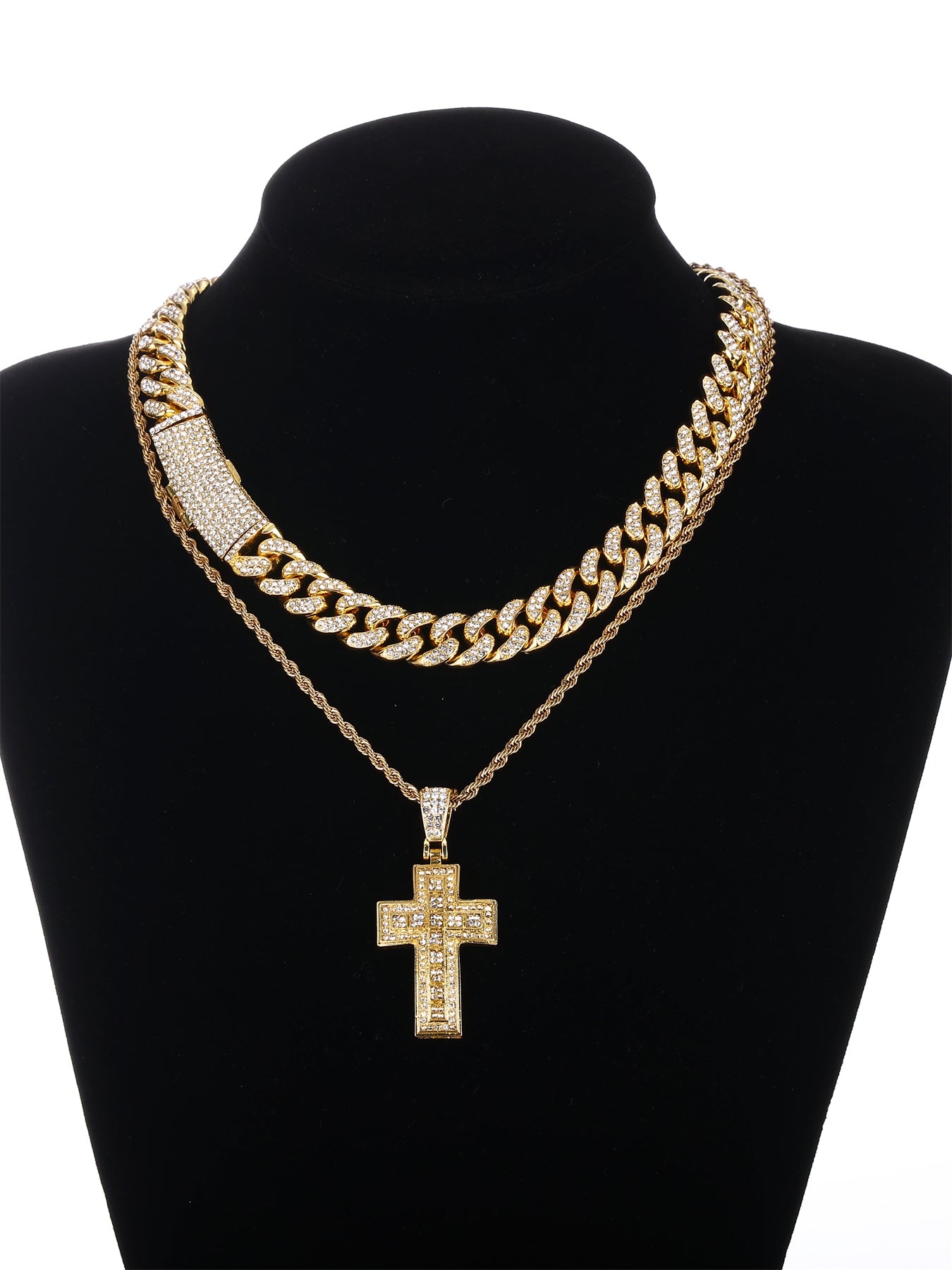 Gothic Hip-hop Punk Cross Zinc Alloy Plating Inlay Rhinestones 18k Gold Plated Men's Pendant Necklace