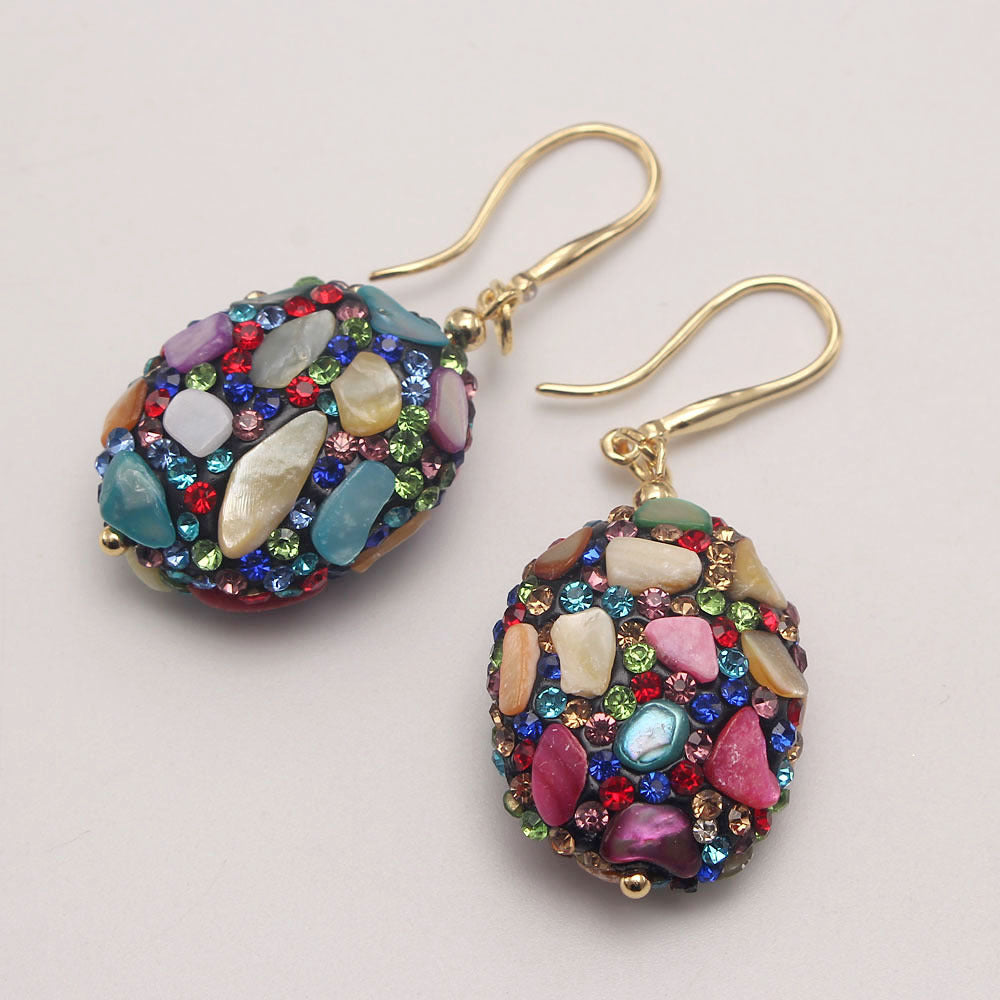 1 Pair Retro Lady Oval Natural Stone Copper Drop Earrings