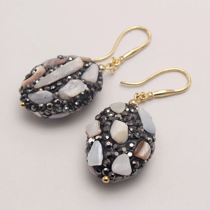 1 Pair Retro Lady Oval Natural Stone Copper Drop Earrings