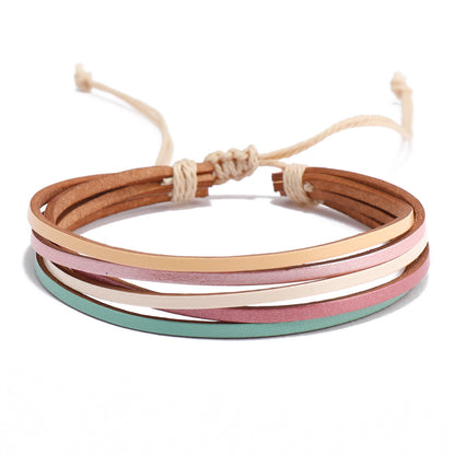 Bohemian Geometric Color Block Leather Rope Wax Line Handmade Women's Bracelets