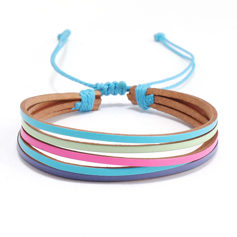 Bohemian Geometric Color Block Leather Rope Wax Line Handmade Women's Bracelets