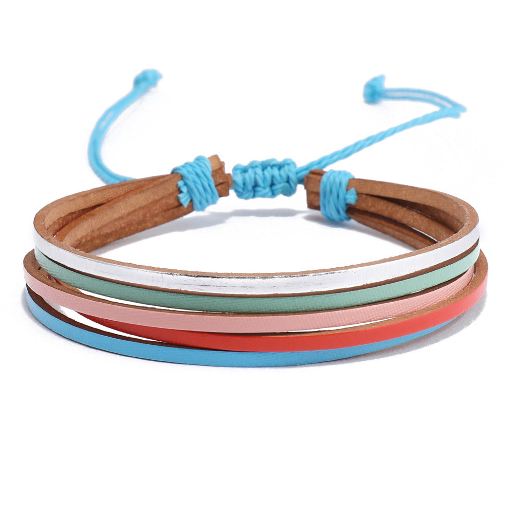 Bohemian Geometric Color Block Leather Rope Wax Line Handmade Women's Bracelets