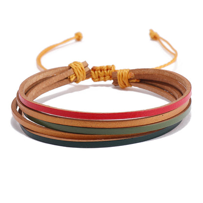 Bohemian Geometric Color Block Leather Rope Wax Line Handmade Women's Bracelets