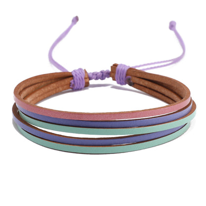 Bohemian Geometric Color Block Leather Rope Wax Line Handmade Women's Bracelets