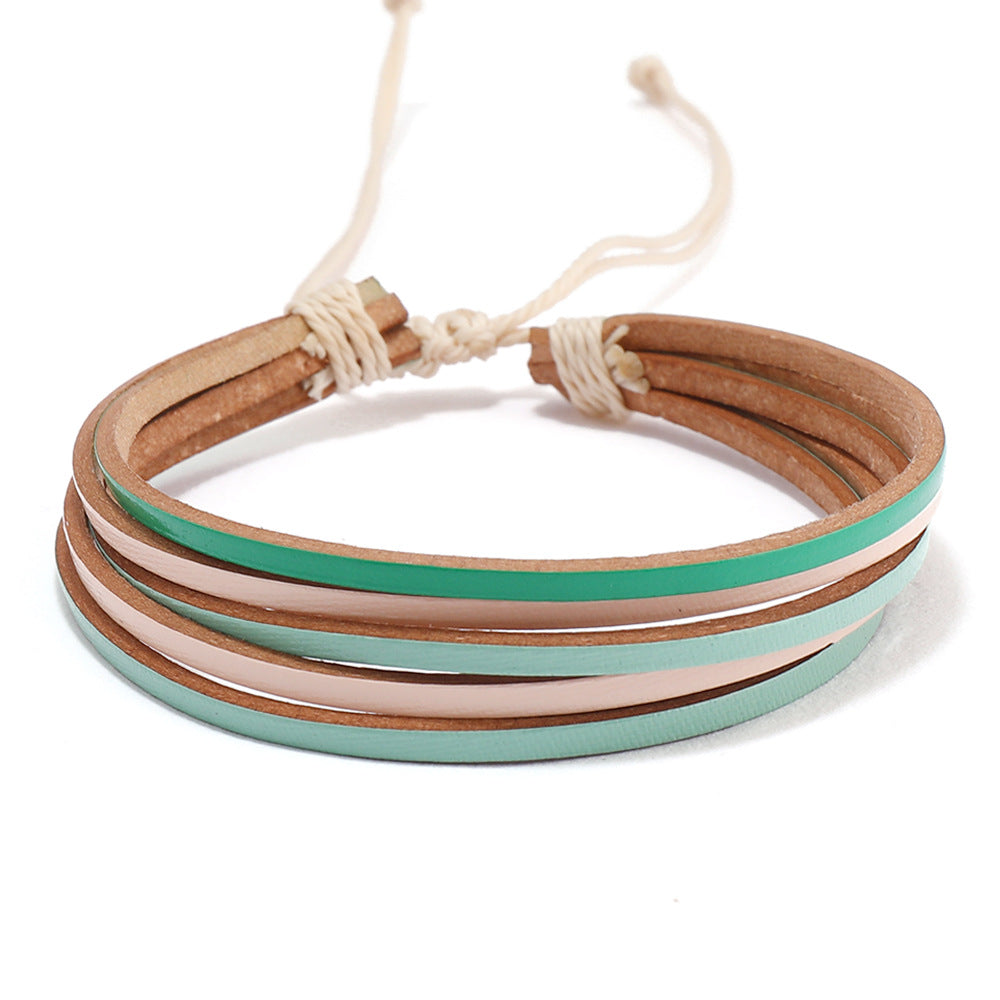 Bohemian Geometric Color Block Leather Rope Wax Line Handmade Women's Bracelets