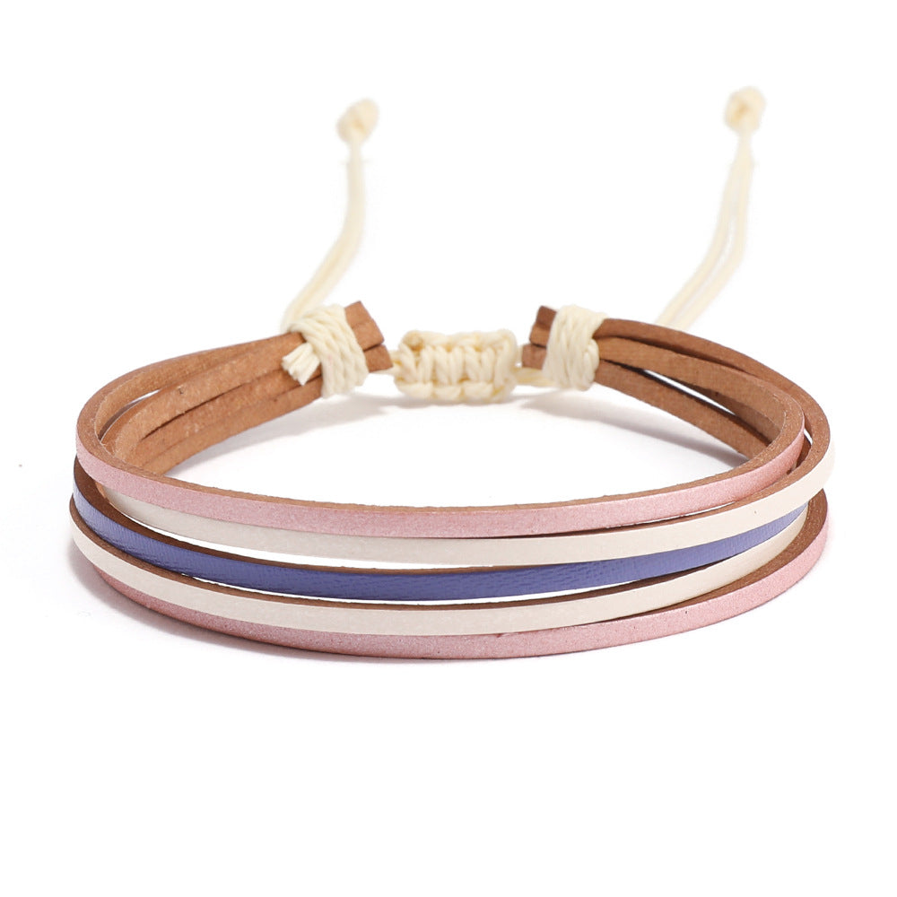 Bohemian Geometric Color Block Leather Rope Wax Line Handmade Women's Bracelets