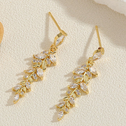 1 Pair Elegant Simple Style Leaves Plating Inlay Copper Zircon 14k Gold Plated Ear Studs