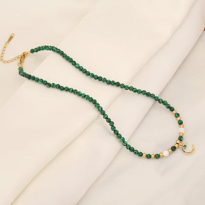 Vintage Style Heart Shape Stainless Steel Malachite Beaded Handmade Women's Pendant Necklace