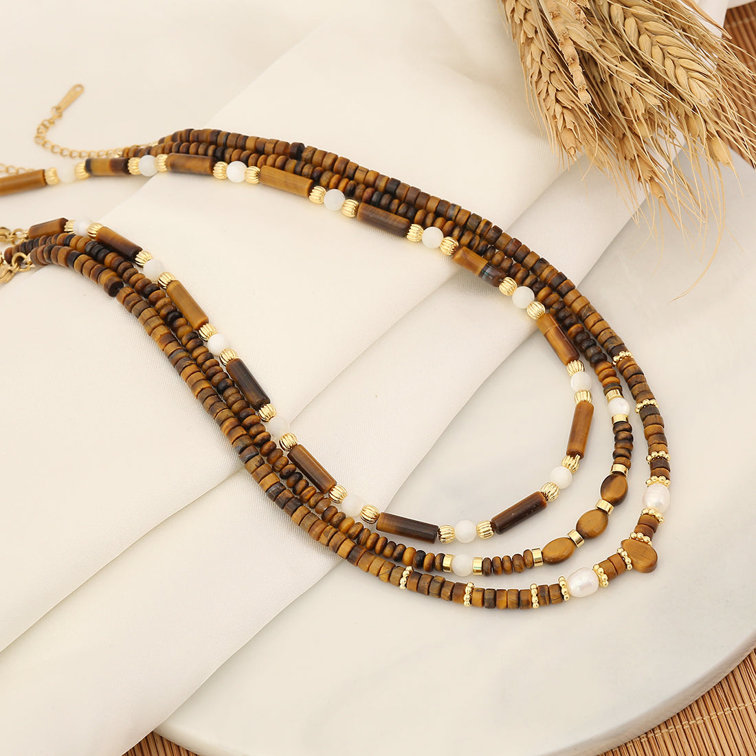 Classic Style Water Droplets Stainless Steel Tiger Eye Copper Beaded Women's Necklace