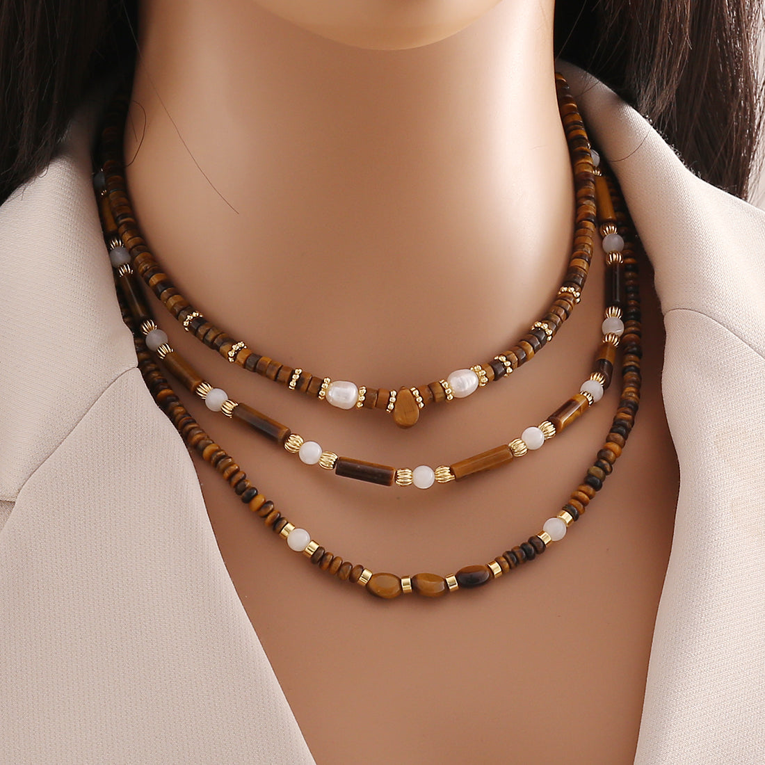 Classic Style Water Droplets Stainless Steel Tiger Eye Copper Beaded Women's Necklace