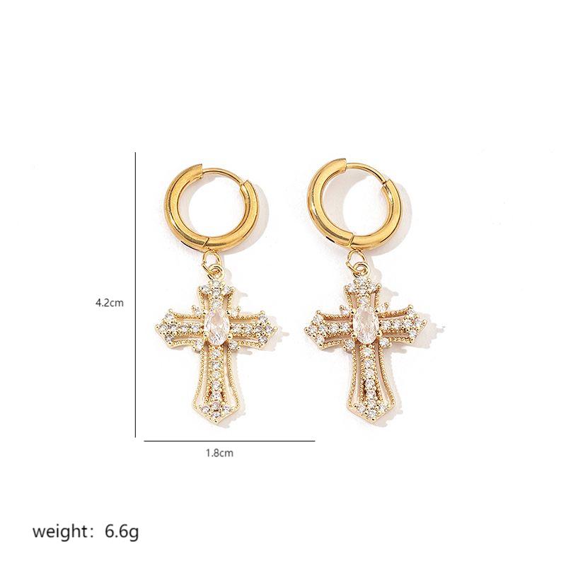 1 Pair Luxurious Cross Plating Inlay Stainless Steel Copper Artificial Rhinestones Zircon 18k Gold Plated White Gold Plated Drop Earrings