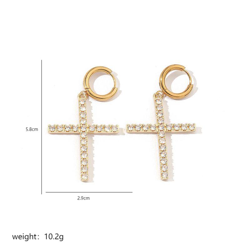 1 Pair Luxurious Cross Plating Inlay Stainless Steel Copper Artificial Rhinestones Zircon 18k Gold Plated White Gold Plated Drop Earrings