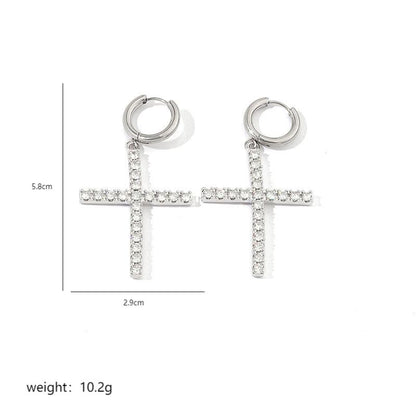 1 Pair Luxurious Cross Plating Inlay Stainless Steel Copper Artificial Rhinestones Zircon 18k Gold Plated White Gold Plated Drop Earrings