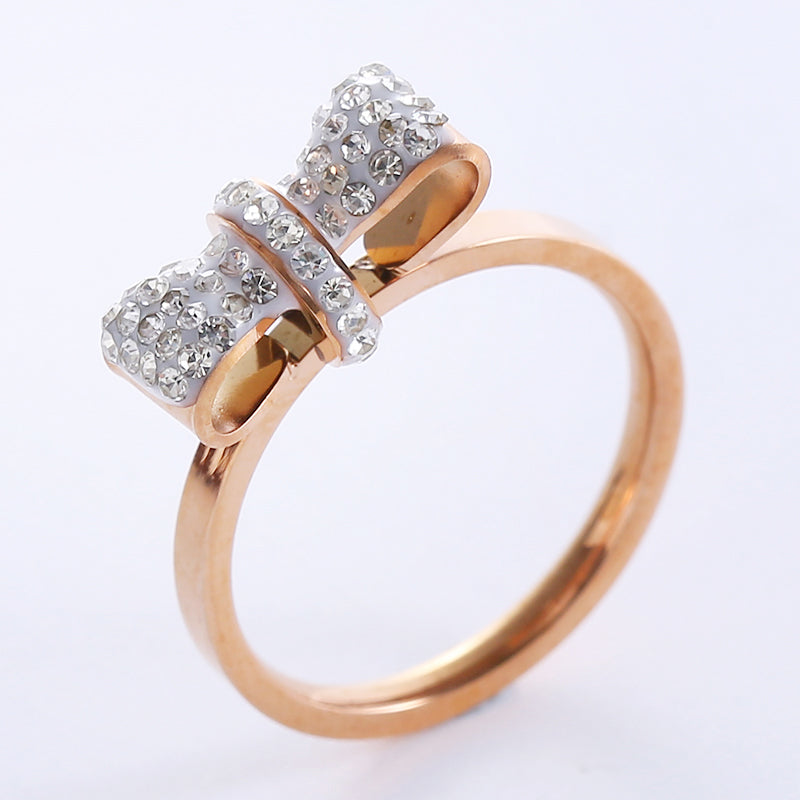 Princess Romantic Bow Knot Stainless Steel Plating Inlay Rhinestones 18k Gold Plated Rose Gold Plated Rings