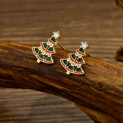 Wholesale Jewelry Cute Sweet Christmas Tree Moon Bow Knot Copper Alloy Zircon 18k Gold Plated Enamel Plating Inlay Ear Studs