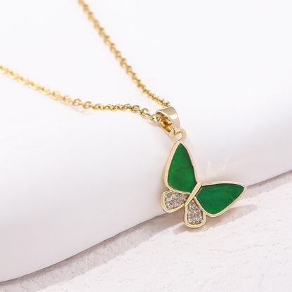 Lady Butterfly Titanium Steel Copper Plating Inlay Artificial Gemstones 18k Gold Plated Pendant Necklace