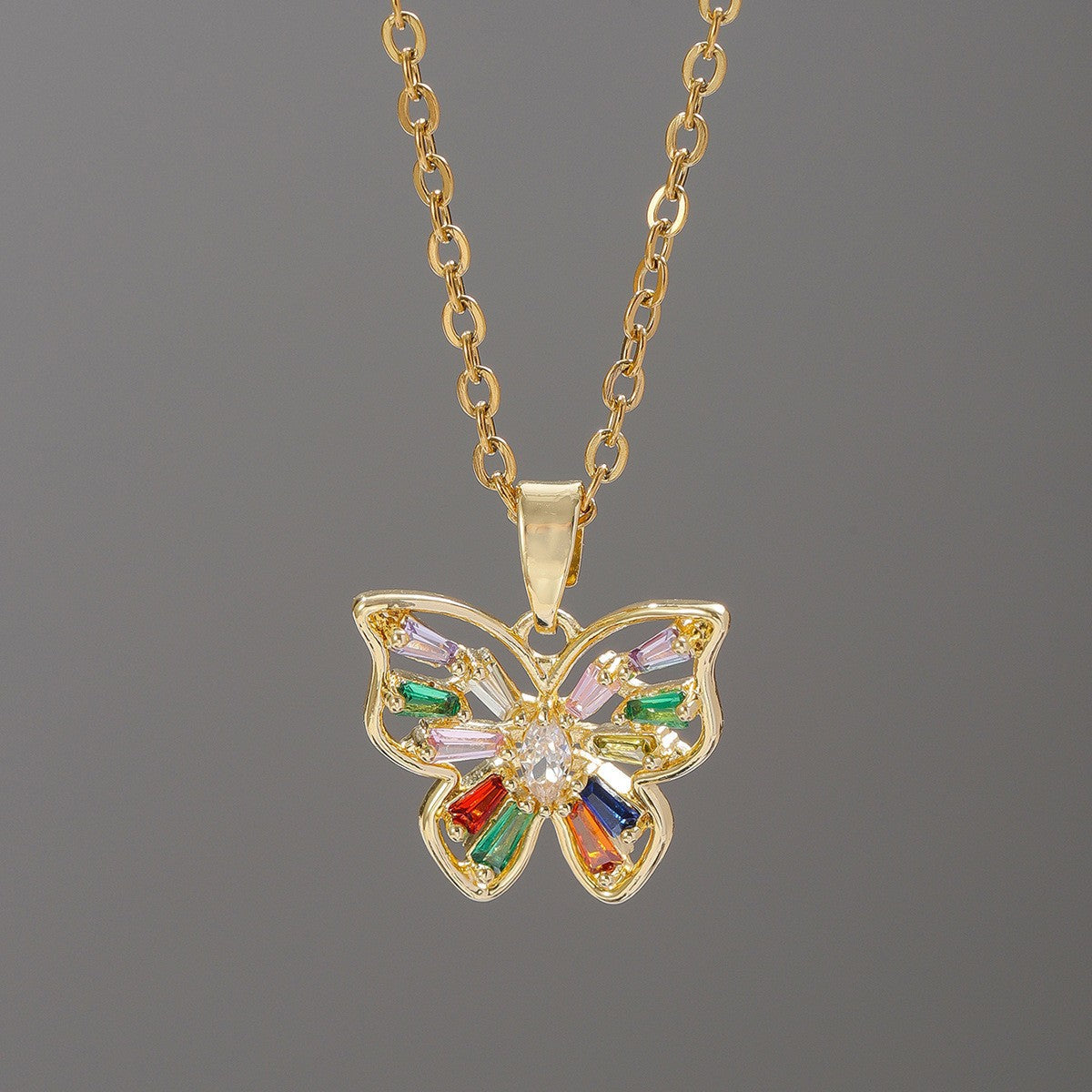 Lady Butterfly Titanium Steel Copper Plating Inlay Artificial Gemstones 18k Gold Plated Pendant Necklace