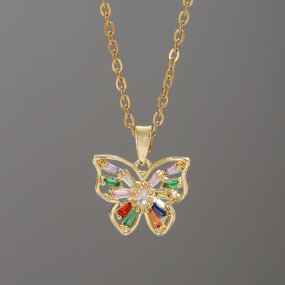 Lady Butterfly Titanium Steel Copper Plating Inlay Artificial Gemstones 18k Gold Plated Pendant Necklace