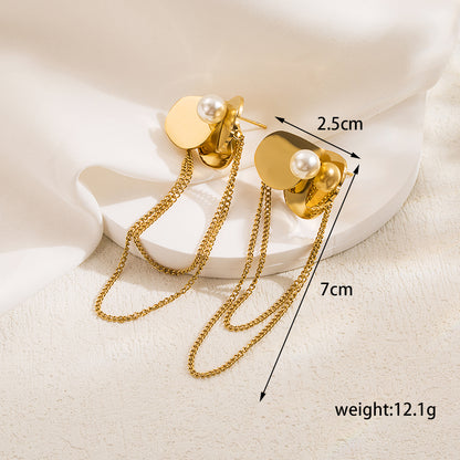 1 Pair Elegant Luxurious Irregular Round Solid Color Plating Chain Inlay Stainless Steel Artificial Pearls 18k Gold Plated Drop Earrings