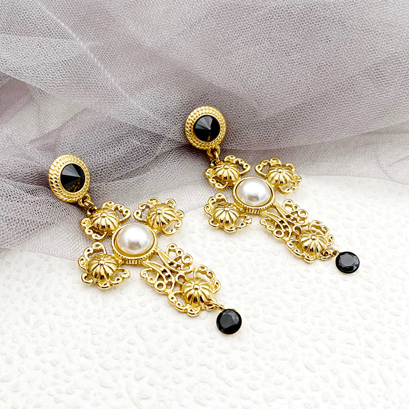 1 Pair Elegant Vintage Style Luxurious Cross Plating Inlay Stainless Steel Pearl Gold Plated Drop Earrings