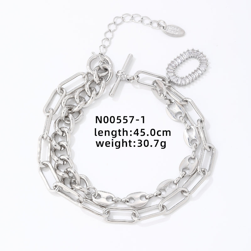 Hip-hop Simple Style Solid Color Stainless Steel Copper Plating Chain Inlay Zircon Double Layer Necklaces