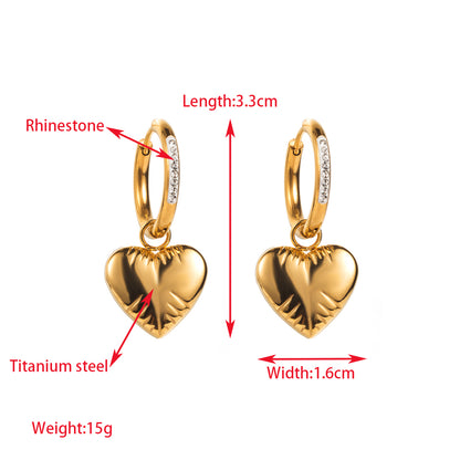 1 Pair Elegant Round Square Heart Shape Inlay Titanium Steel Rhinestones Gold Plated Drop Earrings