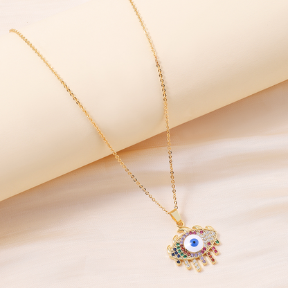 Vintage Style Shiny Devil's Eye Copper Plating Inlay Zircon 18k Gold Plated Pendant Necklace