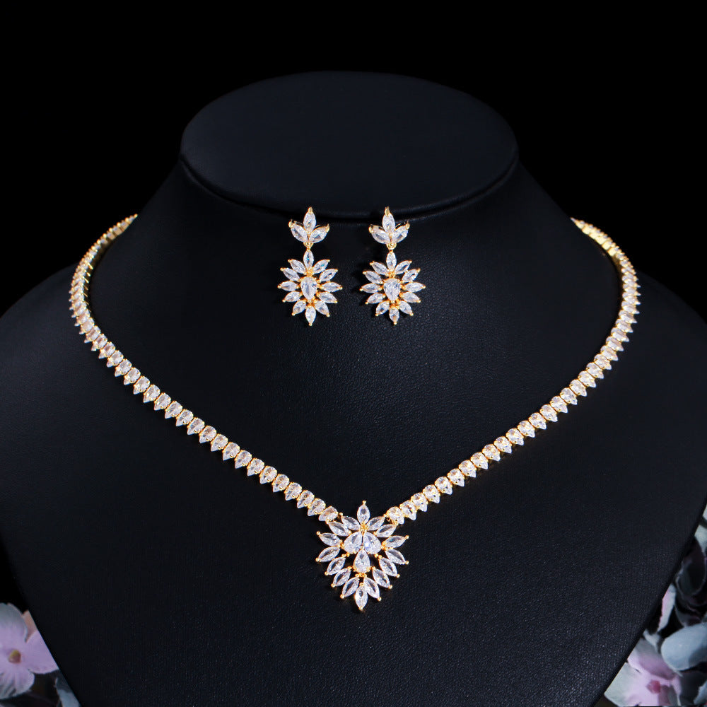 Elegant Glam Bridal Water Droplets Flower Snowflake Copper Plating Inlay Artificial Gemstones 14k Gold Plated White Gold Plated Rhodium Plated Jewelry Set