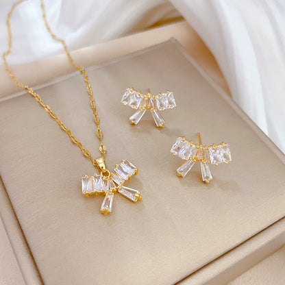 Simple Style Rhombus Bow Knot Copper Plating Inlay Zircon Jewelry Set