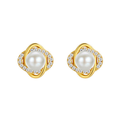 1 Pair Elegant Classic Style Round Plating Sterling Silver Artificial Pearls Zircon Ear Studs