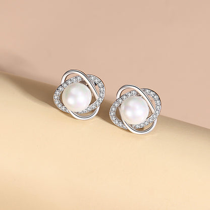 1 Pair Elegant Classic Style Round Plating Sterling Silver Artificial Pearls Zircon Ear Studs