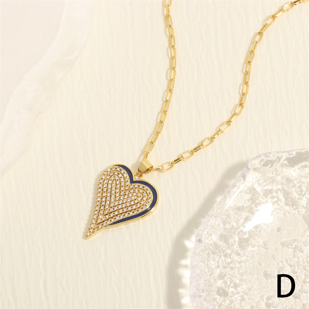 Simple Style Heart Shape Copper Enamel Inlay Zircon 18k Gold Plated Pendant Necklace