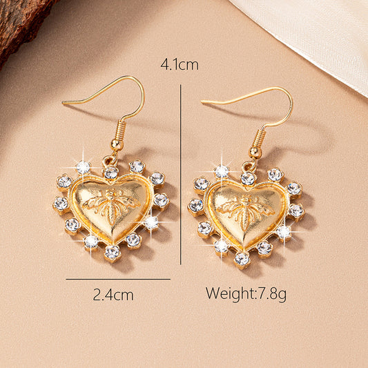 1 Pair Elegant Heart Shape Bee Plating Inlay Glass Ferroalloy Glass 14k Gold Plated Drop Earrings