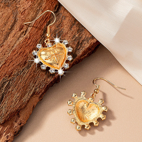 1 Pair Elegant Heart Shape Bee Plating Inlay Glass Ferroalloy Glass 14k Gold Plated Drop Earrings