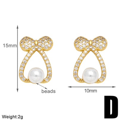 1 Pair Elegant Simple Style Flower Bow Knot Plating Inlay Copper Artificial Pearls Zircon 18k Gold Plated Ear Studs