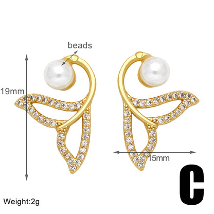 1 Pair Simple Style Water Droplets Heart Shape Butterfly Plating Inlay Copper Artificial Pearls 18k Gold Plated Ear Studs