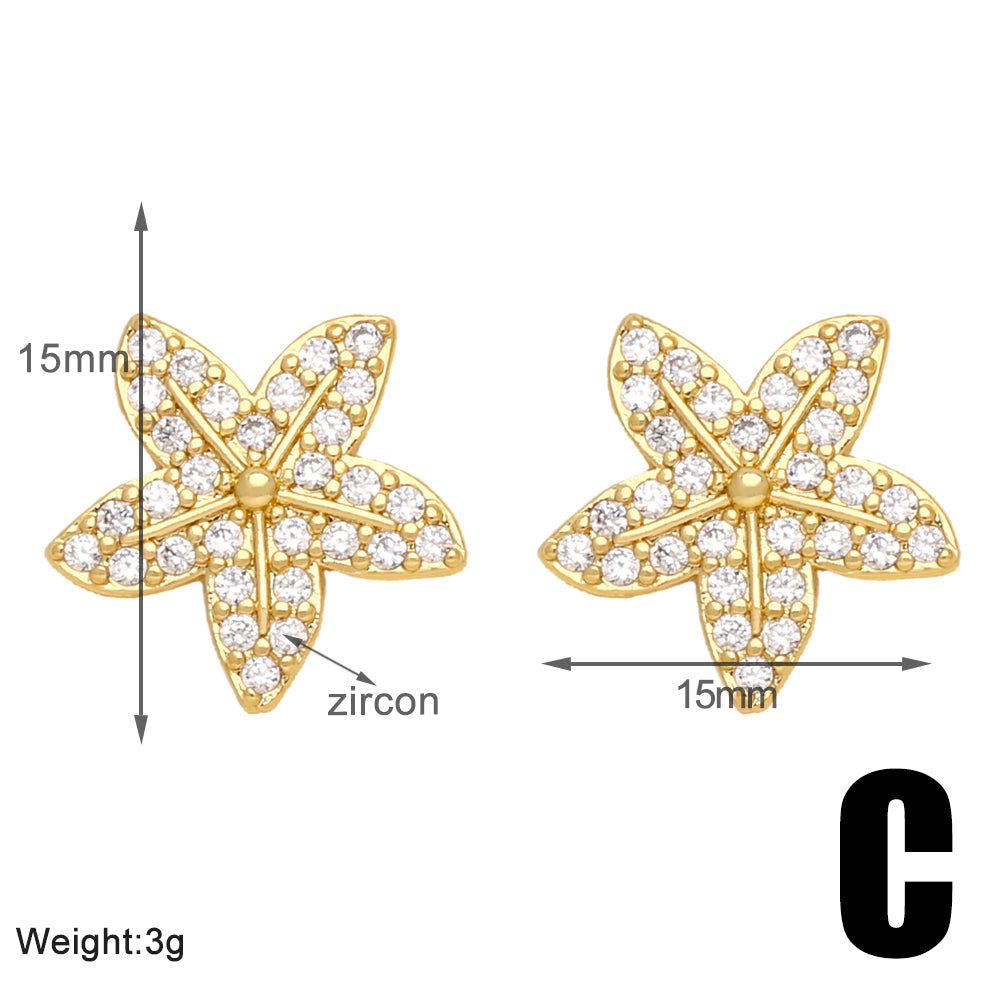 1 Pair Cute Basic Simple Style Starfish Bear Heart Shape Plating Inlay Copper Zircon 18k Gold Plated Ear Studs