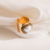 Retro Cool Style Oval Copper Plating Inlay Natural Stone Shell Pearls Zircon Gold Plated Wide Band Ring