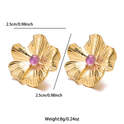 1 Pair Elegant Simple Style Flower Plating Inlay Stainless Steel Natural Stone 18k Gold Plated Ear Studs