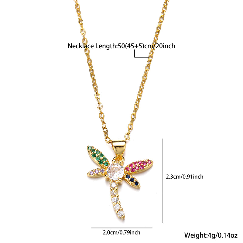 Cute Dragonfly Stainless Steel Copper Plating Inlay Zircon 18k Gold Plated Pendant Necklace