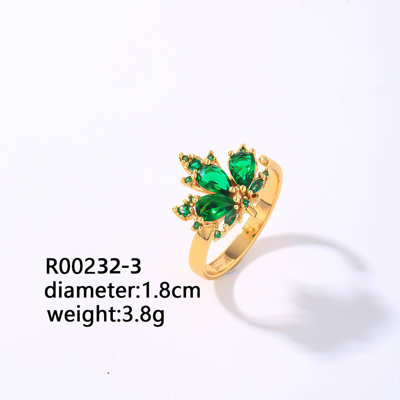 Elegant Classic Style Geometric Maple Leaf Copper Plating Inlay Zircon Open Rings