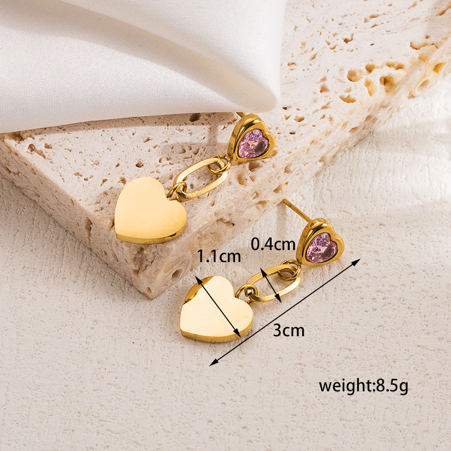 1 Pair Elegant Sweet Heart Shape Plating Stainless Steel Zircon 18k Gold Plated Drop Earrings