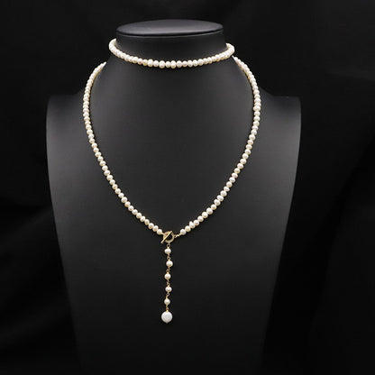 Elegant Round Freshwater Pearl Brass Beaded Sweater Chain