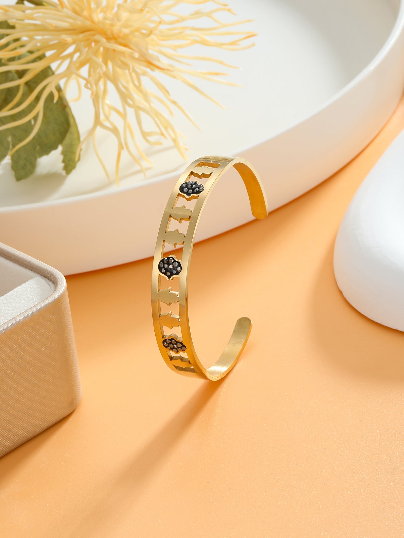 Retro Color Block Stainless Steel Plating Inlay Zircon 18k Gold Plated Bangle