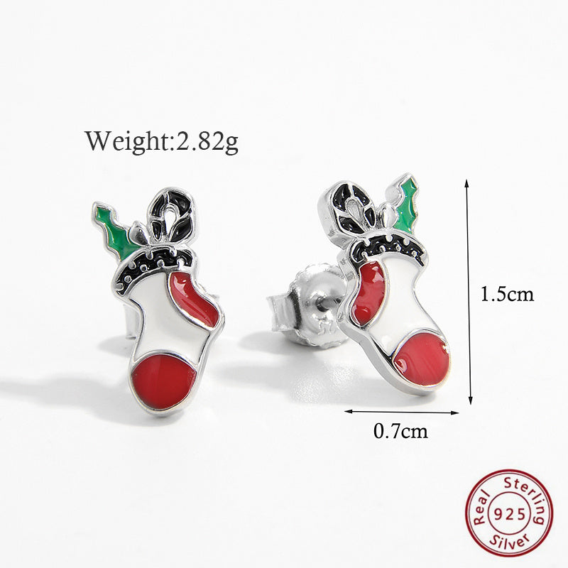 1 Pair Cute Christmas Hat Christmas Socks Epoxy Plating Inlay Sterling Silver Zircon White Gold Plated Rhodium Plated Ear Studs