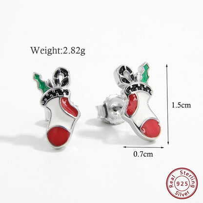 1 Pair Cute Christmas Hat Christmas Socks Epoxy Plating Inlay Sterling Silver Zircon White Gold Plated Rhodium Plated Ear Studs