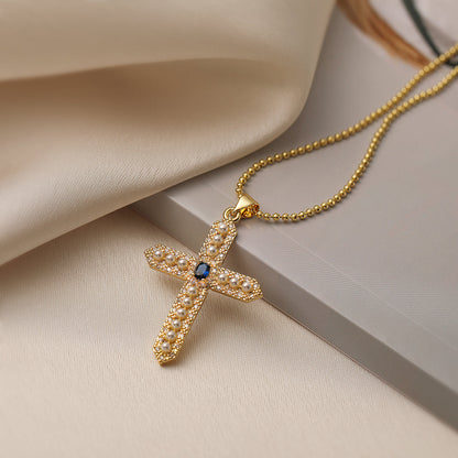 Roman Style Commute Cross Copper Plating Inlay Pearl Zircon 18k Gold Plated Pendant Necklace