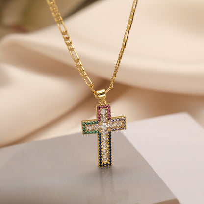 Simple Style Commute Cross Copper Plating Inlay Zircon Pendant Necklace