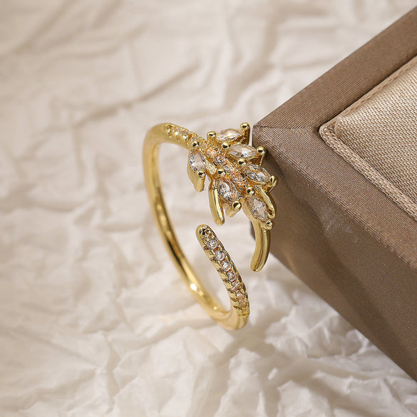 Simple Style Leaves Copper Plating Inlay Zircon 18k Gold Plated Open Rings