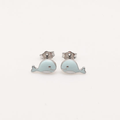 1 Pair Cute Dolphin Rudder Enamel Sterling Silver Ear Studs